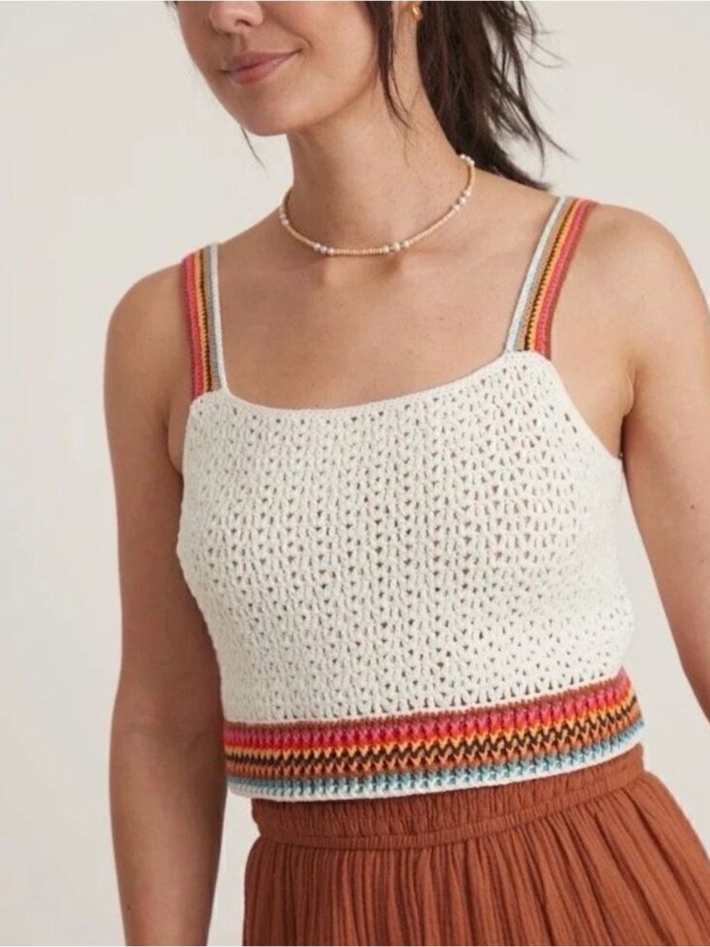 Marine Layer Caro Crochet Strappy Tank Top in Cream with Multicolor Trim Small
